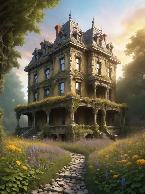 An abandoned Victorian mansion overtaken by nature, with mad-efeu climbing its crumbling walls made of mad-rubble and wildflowers blooming through the cracks of an ancient cobblestone path. The setting sun casts a golden hue over the scene, highlighting the eerie beauty of decay and the relentless power of nature reclaiming human creations, (masterpiece:1.2), best quality, (hyperdetailed, highest detailed:1.2), high resolution textures