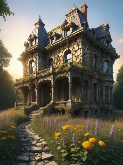 An abandoned Victorian mansion overtaken by nature, with mad-efeu climbing its crumbling walls made of mad-rubble and wildflowers blooming through the cracks of an ancient cobblestone path. The setting sun casts a golden hue over the scene, highlighting the eerie beauty of decay and the relentless power of nature reclaiming human creations, (masterpiece:1.2), best quality, (hyperdetailed, highest detailed:1.2), high resolution textures