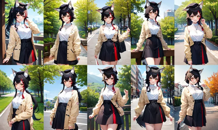 masterpiece, best quality, highres, aatama, long hair, black hair, two side up, green ribbon, animal ears, purple eyes, fox tail, choker, off shoulder, cleavage, white camisole, black jacket, long sleeves, blue skirt, pleated skirt, white thighhighs, <lora:quon_tama_v1:0.7>, cowboy shot, standing, outdoors,