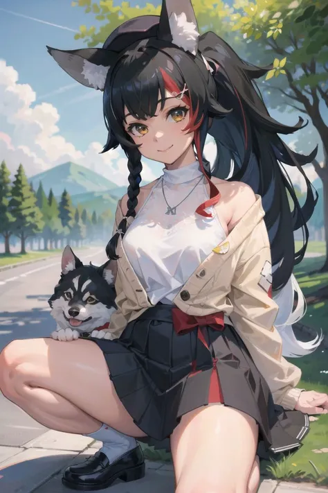 (masterpiece:1.2), (best quality:1.2), (extremely detailed:1.2), (extremely detailed face), (photorealistic:1.2), (ultra detailed), 8k, 1girl, full body shot, medium breasts, looking at viewer, smile,
<lora:ookami_mio_v1:0.85>, miosha1, hairclip, side braid, ponytail, hat, beret, wolf tail, black skirt, white shirt, necklace, sleeveless shirt, cardigan
squat, and spread legs, in side the park,