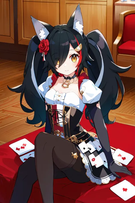 (masterpiece, best quality), intricate details,
1girl,
<lora:ookami_mio_3:0.8> miosha1, hair flower, twintails, hair over one eye, wolf tail, elbow gloves, playing card, pantyhose, puffy sleeves, corset, choker, two-tone dress,