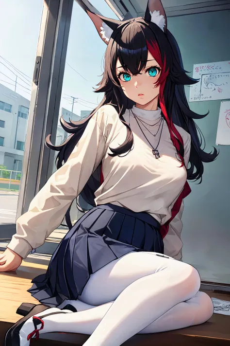 <lora:ookami_mio_3:0.8> miosha1, school uniform, skirt, (white pantyhose), jewelry, necklace, aqua eyes, gekkoukan high school uniform, ((((white legwear)))