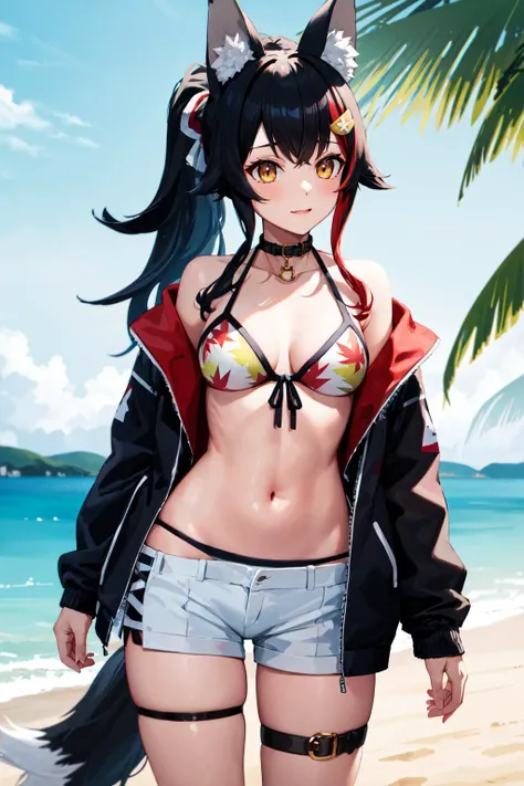 masterpiece, best quality, highres, miosha1, hair ornament, ponytail, wolf tail, swimsuit, white shorts, thigh strap, black jacket, leaf print, collar, string bikini, <lora:ookami_mio_v1:0.8>, beach, cowboy shot, standing,