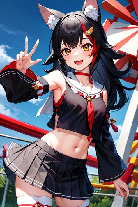 masterpiece, best quality, highres, miosha1, hair ornament, wolf tail, red choker, black shirt, sailor collar, detached sleeves, black skirt, pleated skirt, white thighhighs, midriff, bell, rope, <lora:ookami_mio_v1:0.8>, peace sign, cowboy shot, standing, amusement park, smile, open mouth,