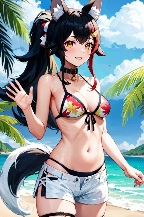masterpiece, best quality, highres, miosha1, hair ornament, ponytail, wolf tail, swimsuit, white shorts, thigh strap, leaf print, collar, string bikini, <lora:ookami_mio_v1:0.8>, beach, cowboy shot, standing, waving, smile
