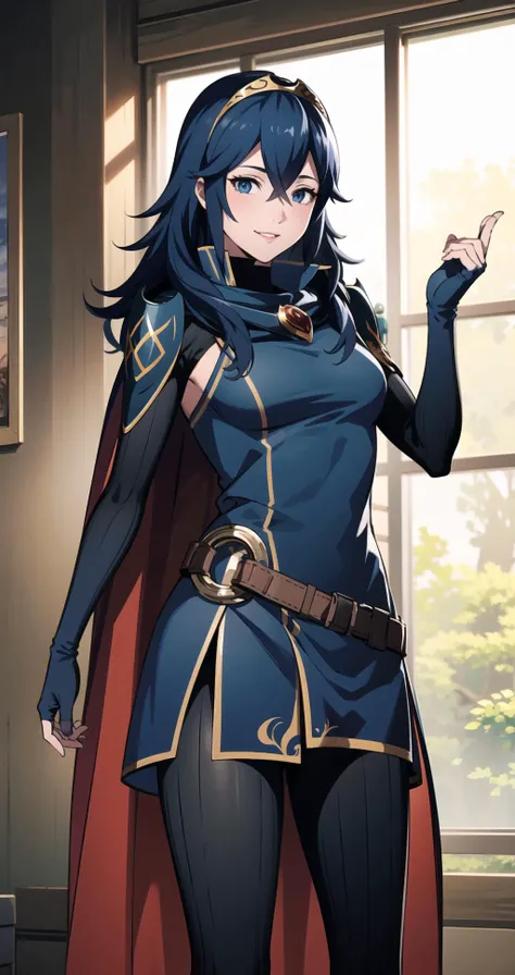 1girl,blue hair,blue eyes,solo,tiara,hair between eyes,fingerless gloves,armor,cape,necklace,mature female,facing viewer,medium breasts,standing,smile,<lora:add_detail:0.6>,<lora:lucina:1>,