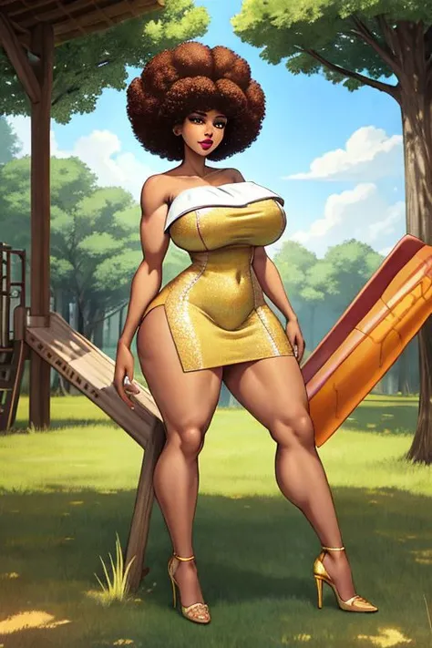 playground,noon, grass, 2d, masterpiece, best quality, anime, highly detailed face, highly detailed eyes, highly detailed background, perfect lighting, {{{masterpiece}}}, {{{best quality}}}, {{ultra-detailed}}, {cinematic lighting}, {illustration}, {beautiful detailed eyes}
body (1Girl, Solo, standing, small feet, full body, tall:1.3).
face (lips, lipstick:1.1).
hair (brown hair, afro:1.3).
breast (huge breast:1.2).
legs (thick thighs, thighs:1.1)
(skin tight, Mini Tube Dress yellow, strapless, sleeveless, high heels:1.3).
(Handsfree, bare arms, bare back, bare legs, bare shoulders:1.1)
