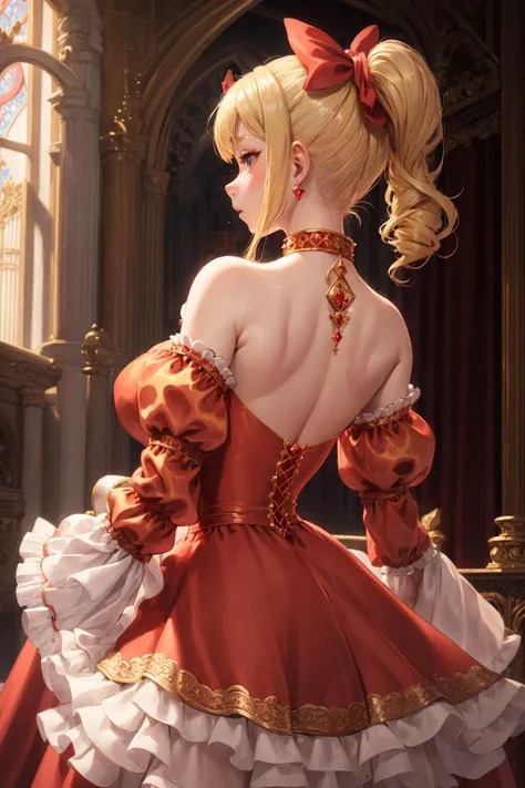 A young blonde woman, high ponytail, jewelry,
naked back,
embraided tight red dress, Juliet sleeves, long puffy sleeves, red bow,
royal castle hall