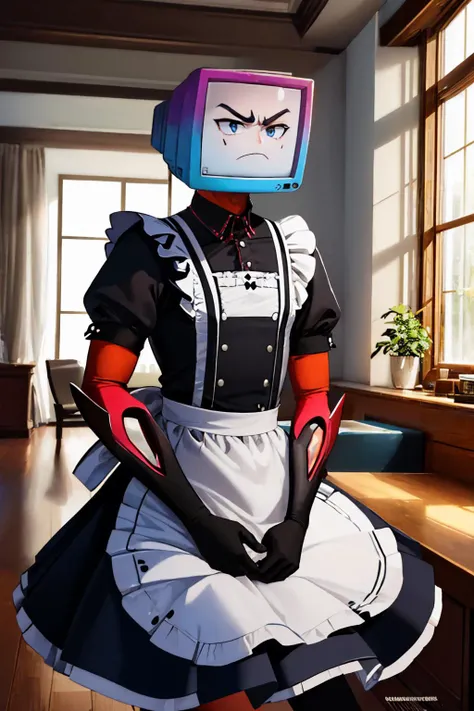 (masterpiece, best quality:1.2), solo, male focus, 1boy, pyrocynical, unamused, object head, television, maid, maid apron, indoors <lora:yt_pyrocynical-11:1>