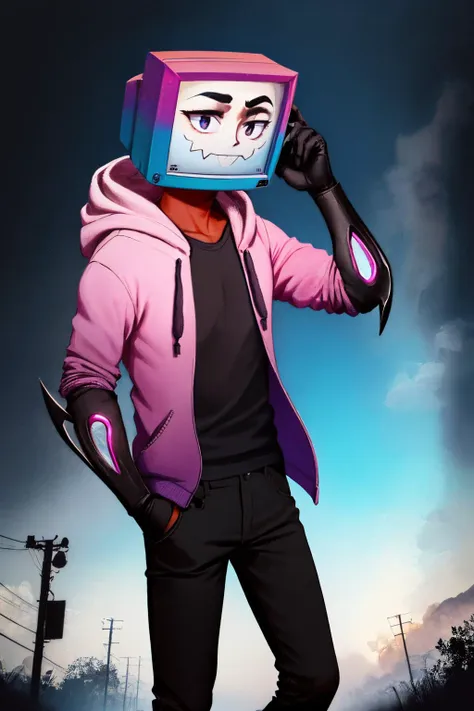 (masterpiece, best quality:1.2), solo, male focus, 1boy, pyrocynical, looking at viewer, object head, television, hoodie, black pants <lora:yt_pyrocynical:1>