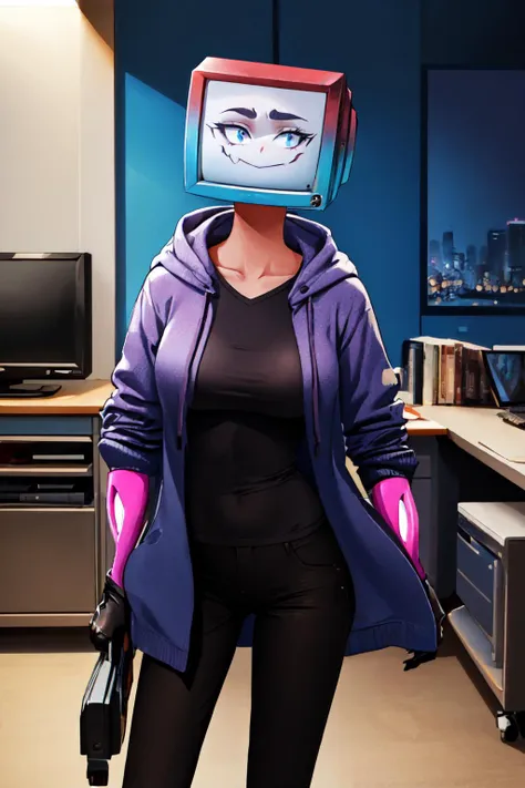 (masterpiece, best quality:1.2), solo, 1girl, pyrocynical, looking at viewer, object head, television, jacket, black pants, large breasts <lora:yt_pyrocynical-11:1>