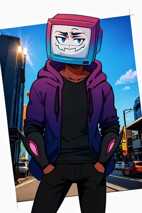 (masterpiece, best quality:1.2), solo, male focus, 1boy, pyrocynical, looking at viewer, object head, television, hoodie, black pants <lora:yt_pyrocynical:1>