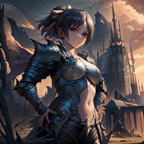 masterpiece, best quality, absurdres, detailed, 1girl, solo, AkiraGGN, short hair, brown hair, purple eyes, yellow hair bow, armor, knight, fantasy, pixiv fantasia, flower field medium breasts, parted bangs, ponytail, standing, hands on hips, grin, <lora:AkiraGGN:1> <lora:djzEndGate_v15:1> <lora:5shotStyle_v10:.3>