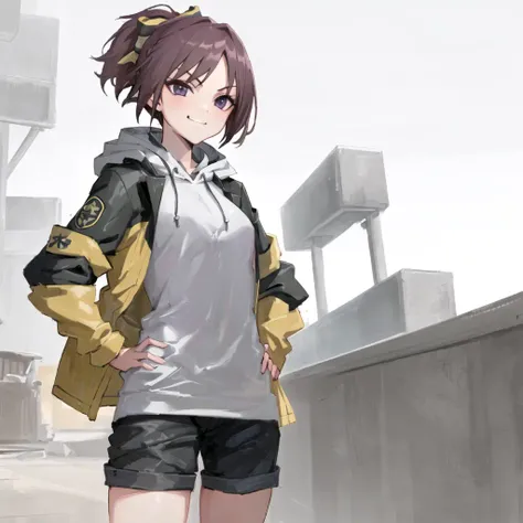 masterpiece, best quality, absurdres, detailed, 1girl, solo, AkiraGGN, short hair, brown hair, purple eyes, blue hoodie, yellow jacket, yellow hair bow, medium breasts, parted bangs, ponytail, short shorts, standing, hands on hips, smug, smirk <lora:AkiraGGN:1>