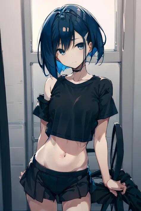 Picture of ichigo, 1girl, solo, close up, ichigo darling in the franxx, alternate outfit, black bike shorts, tight shorts, black t-shirt, crop top, blue hair, looking at viewer, cute, sexy <lora:Ichigo (DITF) LORA v1:1> <lyco:GoodHands-beta2:1.0>