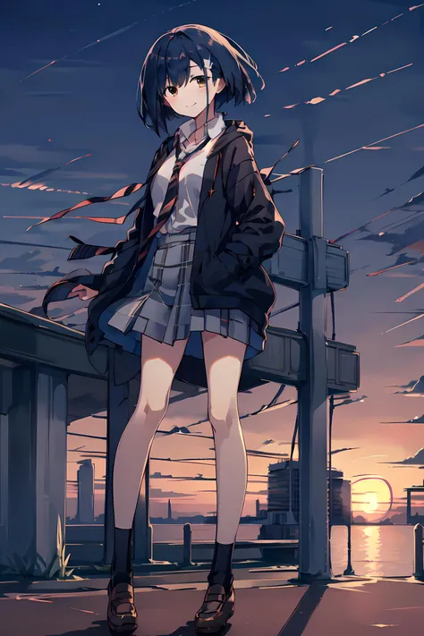 Picture of ichigo, 1girl, solo, ichigo darling in the franxx, casual, casual outfit, sunset, standing, majestic, smiling, short hair, full-body cute, sexy, blushing, looking at viewer <lora:Ichigo (DITF) LORA v1:1>  <lyco:GoodHands-beta2:1.0>