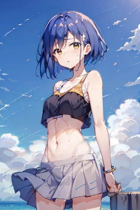 Picture of ichigo, ichigo, 1girl, solo, close up, alternate outfit, crop top, tank top crop top, skirt, sky background, blushing, looking at viewer, :o, sweating, hot, summer, cute <lora:Ichigo (DITF) LORA v1:1> <lyco:GoodHands-beta2:1.0>