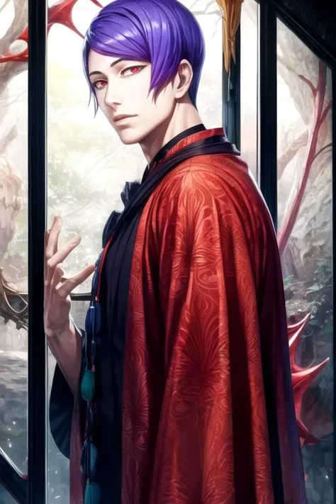 masterpiece, best quality, wallpaper, 1boy, solo, male focus, looking at viewer, , , ligne claire, realistic, <lora:shuu_tsukiyama:0.76>, shuu_tsukiyama, purple hair, black sclera, red eyes, luau costume, Stalactite, 16k resolution