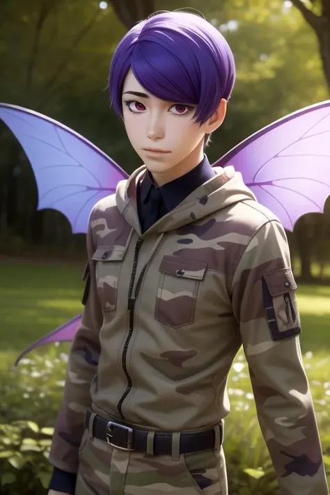 masterpiece, best quality, illustration, 1boy, solo, male focus, looking at viewer, , depth of field, ligne claire, realistic, <lora:shuu_tsukiyama:0.72>, shuu_tsukiyama, purple hair, black sclera, red eyes, camo costume, Faerie Glow,