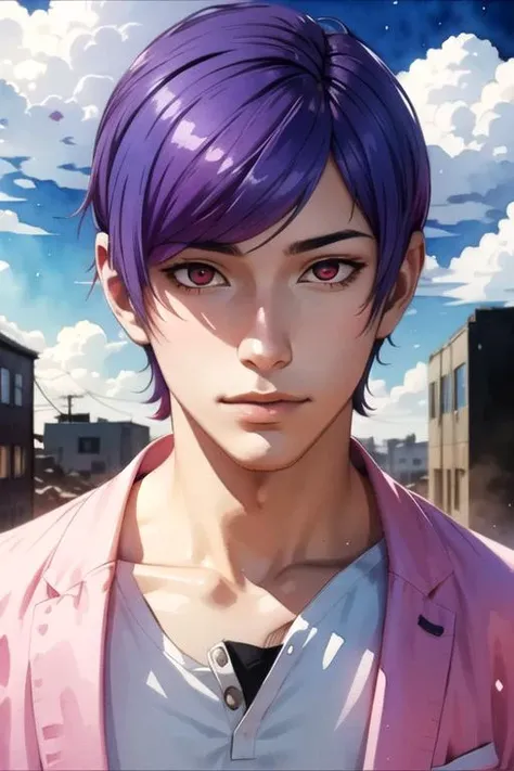 masterpiece, best quality, wallpaper, 1boy, solo, male focus, looking at viewer, upper body, , (watercolor illustration, soft pastel colors:1.1), realistic, <lora:shuu_tsukiyama:0.74>, shuu_tsukiyama, purple hair, black sclera, red eyes, , Apocalyptic Event,