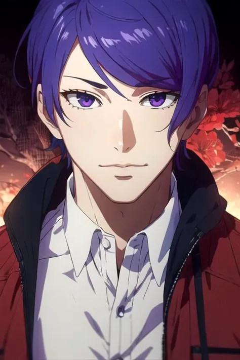 masterpiece, best quality, wallpaper, 1boy, solo, male focus, looking at viewer, upper body, depth of field, anime coloring, , <lora:shuu_tsukiyama:0.74>, shuu_tsukiyama, purple hair, purple eyes, coat, , ,