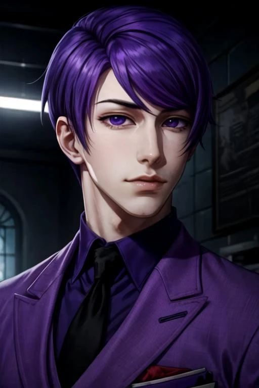 masterpiece, best quality, movie still, 1boy, solo, male focus, looking at viewer, upper body, , ligne claire, , <lora:shuu_tsukiyama:0.66>, shuu_tsukiyama, purple hair, purple eyes, , , ,