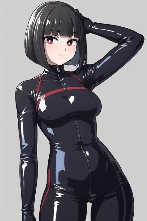 masterpiece, best quality, black hair, bob cut, blunt bangs, red eyes, expressionless, medium breasts, black latex bodysuit, cowboy shot <lora:vibrantrida-e26:0.7>