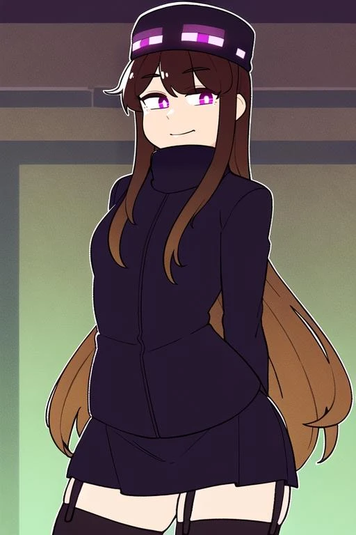 masterpiece, best quality, Enderman-chan, glowing eyes, brown hair, blunt bangs, long hair, straight hair, black jacket, black skirt, black thighhighs, thighs, cowboy shot, arms behind back <lora:vibrantrida-e26:0.8> <lora:Endermanchan:1>