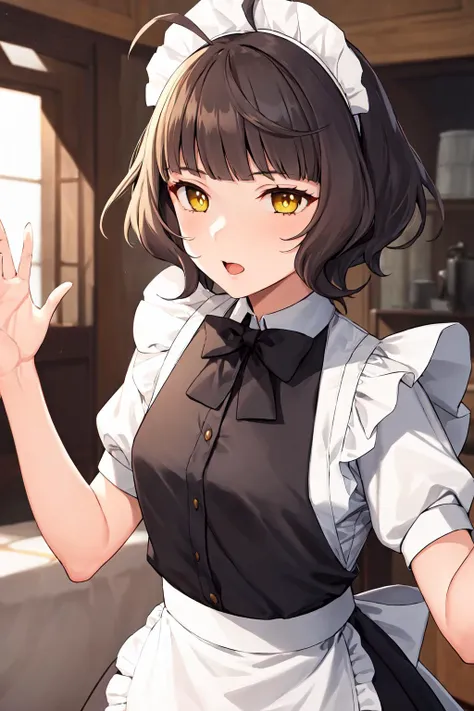 <lora:KishinamiKancolle_V10:1>, 1girl, solo,
kishinami \(kancolle\), ahoge, brown hair, short hair, wave hair, yellow eyes, blunt bangs, small breasts,
indoors, maid, maid headdress, maid apron, frilled dress, frilled apron,