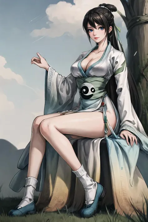 {{masterpiece}},{best quality},{highres},original,reflection,unreal engine,body shadow,artstationextremely detailed CG unity 8K wallpaper,
(illustration),(painting),(sketch),anime coloring,fantasy
1girl,solo,yun mi,
black hair, long hair, hair ribbon,large breasts,blue eyes,cleavage,sash, yin yang obi, half updo,side slit,wide sleeves,
socks,white socks,hanfu shoes,green hanfu shoes,
full body,
outdoors,
dappled sunlight,wide angle shot,light particles,
looking at viewer,
sky, cloudy sky,
sitting, crossed legs,
from below,
<lora:more_details:0.5> <lora:yun mi_v2:0.8>