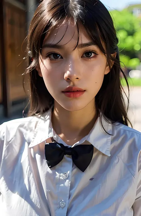 ((1girl, bangs, black hair, bow, bowtie, closed mouth, collared shirt, lips, long hair, looking at viewer, nose, realistic, red bow, red bowtie, school uniform, shirt, solo, white shirt, wing collar)),
/ / High quality texture, intricate details, detailed texture,figure type hourglas, high quality shadow, a realistic representation of the face, Detailed beautiful delicate face, Detailed beautiful delicate eyes,a face of perfect proportion, Depth of field, perspective, perfect body,finely,(detailed beautiful eyes and detailed face), muscular, muscular female, abs, light source contrast,photorealistic, realistic,(abs depth, muscle tone, abs beautiful lines,slim waist, wide hips,slim stomach,female muscle, thick thighs,six-pack abs),// (pureerosface_v1:0.5) , (ulzzang-6500-v1.1:0.5), <lora:epi_noiseoffset2:1>, <lora:add_detail:1>, <lora:GoodHands-vanilla:1>,<lora:FakeBreastsV8:0.1>,(huge breasts:1.1),(gigantic breasts:1.1)