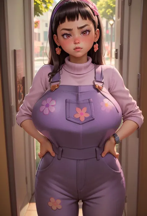 (((3/4 body view:1.3))),  (((frontal view))), <lora:Abby_Park:1> (((black hair))), brown eyes, (blushed cheeks:1.3) (blushed nose:1.3), (:1.3 <lora:FakeBreastsV8:0.2>), ((at park)), ((purple overalls)) with (flower prints), best quality, extremely detailed, detailed face:1.3, masterpiece, 32k, RAW,