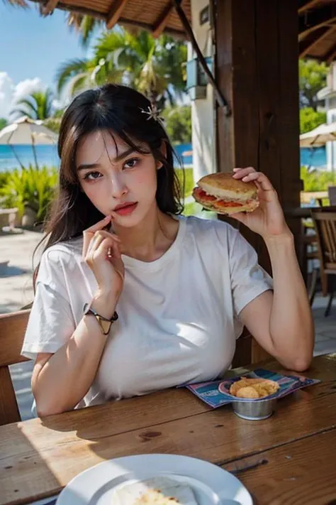 ((:1girl, bangs, beach, black hair, breast rest, breasts, burger, day, food, french fries, hair ornament, hairclip, holding food, jewelry, large breasts, lips, long hair, looking at viewer, mole, ocean, outdoors, palm tree, pizza, plant, plate, potted plant, pov across table, sand, sandwich, shirt, shirt lift, short sleeves, smile, solo, tree, watch, white shirt)),
/ / High quality texture, intricate details, detailed texture,figure type hourglas, high quality shadow, a realistic representation of the face, Detailed beautiful delicate face, Detailed beautiful delicate eyes,a face of perfect proportion, Depth of field, perspective, perfect body,finely,(detailed beautiful eyes and detailed face), muscular, muscular female, abs, light source contrast,photorealistic, realistic,(abs depth, muscle tone, abs beautiful lines,slim waist, wide hips,slim stomach,female muscle, thick thighs,six-pack abs),// (pureerosface_v1:0.5) , (ulzzang-6500-v1.1:0.5), <lora:epi_noiseoffset2:1>, <lora:add_detail:1>, <lora:GoodHands-vanilla:1>,<lora:FakeBreastsV8:0.1>,(huge breasts:1.1),(gigantic breasts:1.1)
