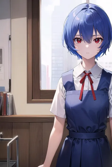 reiayanami, <lyco:reiayanami-lyco-nochekaiser:1>,
rei ayanami, blue hair, short hair, (red eyes:1.5), (small breast:1.2),
BREAK blue dress, dress, neck ribbon, pinafore dress, red ribbon, ribbon, school uniform, short sleeves, short-sleeved sweater, sweater,
BREAK indoors, classroom,
BREAK looking at viewer, (cowboy shot:1.5),
BREAK <lyco:GoodHands-beta2:1>, (masterpiece:1.2), best quality, high resolution, unity 8k wallpaper, (illustration:0.8), (beautiful detailed eyes:1.6), extremely detailed face, perfect lighting, extremely detailed CG, (perfect hands, perfect anatomy),