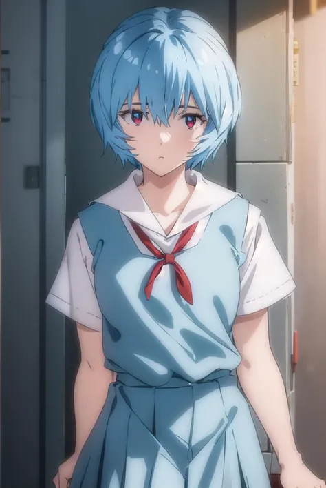 reiayanami, <lyco:rei ayanami rebuild-lyco-nochekaiser:1>, 
rei ayanami, (ayanami rei:1.2), blue hair, short hair, (red eyes:1.3),
BREAK skirt, shirt, ribbon, (school uniform:1.5), white shirt, short sleeves, red ribbon, neck ribbon, (tokyo-3 middle school uniform:1.5),
BREAK indoors, classroom,
BREAK looking at viewer, (cowboy shot:1.5),
BREAK <lyco:GoodHands-beta2:1>, (masterpiece:1.2), best quality, high resolution, unity 8k wallpaper, (illustration:0.8), (beautiful detailed eyes:1.6), extremely detailed face, perfect lighting, extremely detailed CG, (perfect hands, perfect anatomy),