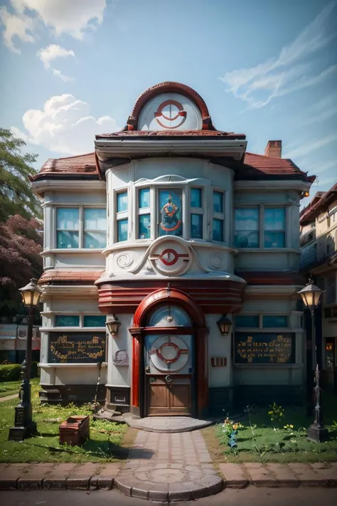 ((masterpiece,best quality)), absurdres,
<lora:Pokemon_Center:0.8>, Pokemon_Center, red roof, 
sky, day, tree, no humans, flower box, plant, poke ball, sign, poke ball (basic), road, lamp, lamppost, shop, poke ball theme, detailed door,, <lora:more_details:0.7>