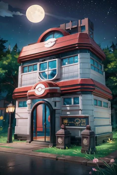 ((masterpiece,best quality)), absurdres,
<lora:Pokemon_Center:0.8>, Pokemon_Center, red roof, glowing sign,
night, moon, starry sky, forest, no humans, flower box, poke ball, poke ball (basic), road, lamp, lamppost, shop, poke ball theme,