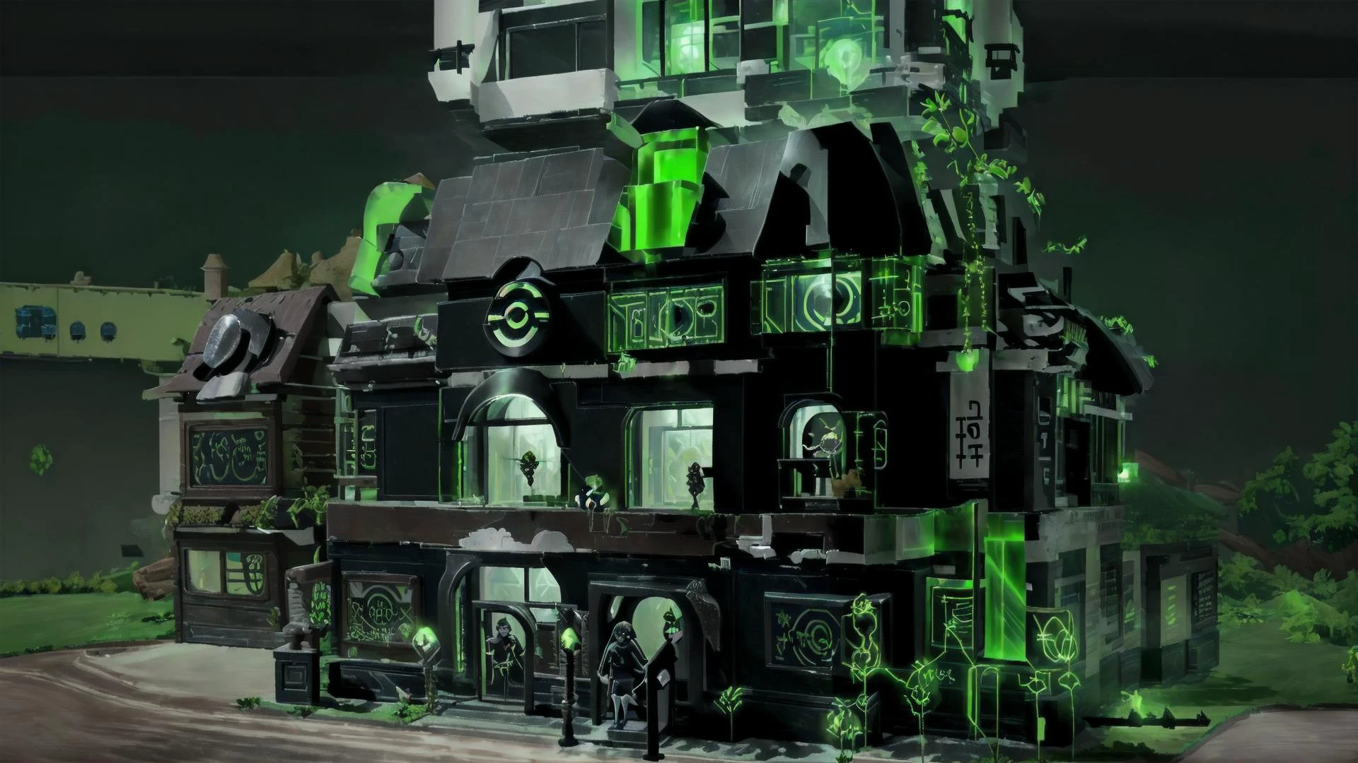 <lora:Pokemon_Center:0.8> Pokemon_Center, BREAK, <lora:Necron_Architecture:0.6> Necron_Architecture, electricity, green glow, green theme,