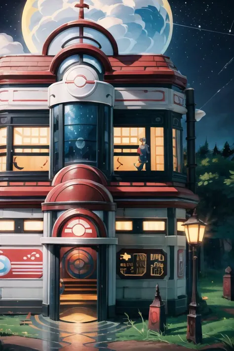 ((masterpiece,best quality)), absurdres,
<lora:Pokemon_Center:0.8>, Pokemon_Center, red roof, glowing sign, 
night, moon, starry sky, forest, no humans, flower box, poke ball, poke ball (basic), road, lamp, lamppost, shop, poke ball theme,