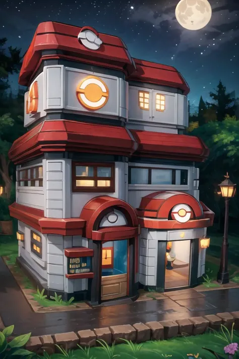 ((masterpiece,best quality)), absurdres,
<lora:Pokemon_Center:0.8>, Pokemon_Center, red roof, glowing sign,
night, moon, starry sky, forest, no humans, flower box, poke ball, poke ball (basic), road, lamp, lamppost, shop, poke ball theme,