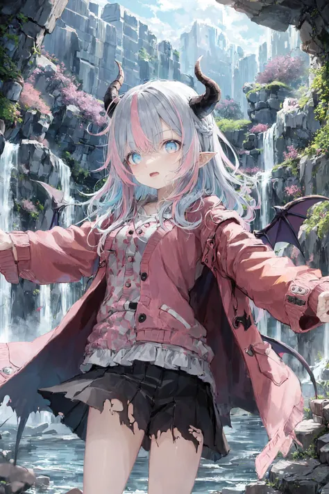 (sfw:1.3), 1girl, small breasts, areolae, hips, demon girl, demon horns, demon wings, (crown braid, messy hair, curtained hair, (multicolored hair:1.2), (grey hair, light blue hair, pink hair):1.2), (coral eyes:1.2), torn clothes red cardigan, duffel coat, silver trim, skirt,, squating,outstretched arms, waterfall, rocks, moss, evening, misty, serene, scenic<lyco:utatanelolicoco:1.0>