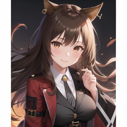 A woman in a red jacket and black shirt with a cat ears - SeaArt AI