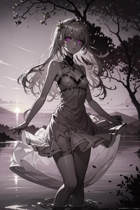{{{masterpiece}}},{{best quality}},{{super fine illustration}},{{beautiful and delicate water}},{{beautiful and detailed eyes}, {very detailed light}, {perfect and delicate limbs}, {nature}, {painting}, {water bloom}, {delicate glow}, {{very fine 8KCG wallpaper}}, lavender eyes, peach pink pupils, whole body, white hair, luminous eyes, an extremely delicate and beautiful girl, (1 girl), medium chest circumference, dynamic angle, (Violet dress with gold decoration), (long hair floating everywhere), (beautiful hair decoration), (delicate wet dress), (nsfw), (breeze), long hair blown up, ((messy hair style)), (long bangs between eyes), wrinkled skirt, Flowers meadow, near the water edge, (((sunset)), (less stars form a circle), randomly distributed clouds, (rivers), (willows with branches falling into the water) <lora:pinkeyes:1>,, (masterpiece, best quality, ultra-detailed),