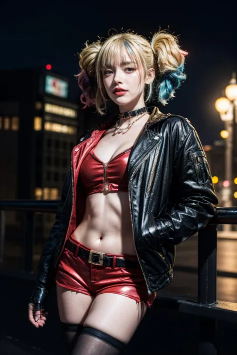 best quality,HDR,UHD,8K,Vivid Colors,solo,front view,photo_(medium),(looking at viewer:1.2),(1girl:1.3),
<lora:add_detail:0.8>,,cowboy shot,outdoors,city lights,night sky, <lora:Harley Quinn3:0.75> Harley Quinn,(two-tone hair:1.3),twintails,