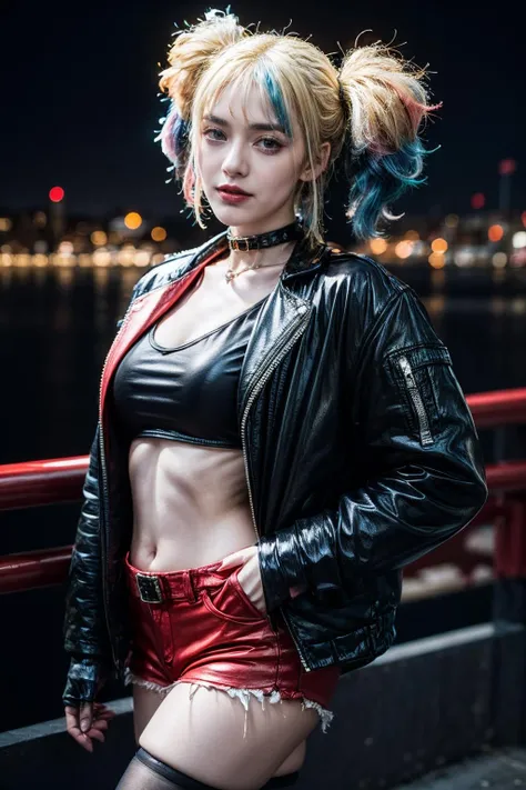 Best quality,Human development report,Ultra clear,8k,bright colors,Single,Front view,picture_(Mediation),(Looking at the viewer:1.2),(1girl:1.3),
Cowboy shot,in the fresh air,City lights,Night sky, harley quinn,(Two-tone poetry:1.3),Twintel,