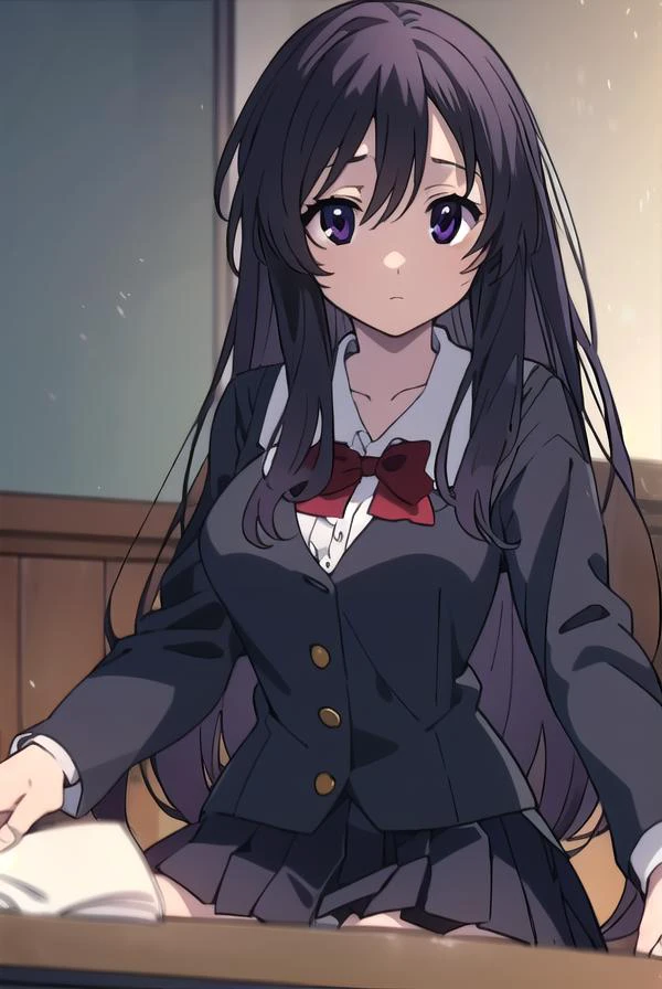 kotonohakatsura, <lyco:kotonohaAL-Lycoristest:1>,
kotonoha katsura, (black eyes:1.4), black hair, long hair,
BREAK black thighhighs, bow, red bow, school uniform, skirt, thighhighs, zettai ryouiki,
BREAK looking at viewer,
BREAK indoors, classroom,
BREAK <lora:GoodHands-vanilla:1>, (masterpiece:1.2), best quality, high resolution, unity 8k wallpaper, (illustration:0.8), (beautiful detailed eyes:1.6), extremely detailed face, perfect lighting, extremely detailed CG, (perfect hands, perfect anatomy),