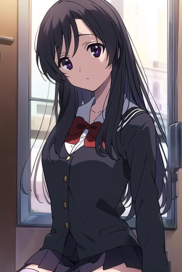 kotonohakatsura, <lyco:kotonohaAL-Lycoristest:1>,
kotonoha katsura, (black eyes:1.4), black hair, long hair,
BREAK black thighhighs, bow, red bow, school uniform, skirt, thighhighs, zettai ryouiki,
BREAK looking at viewer,
BREAK indoors, classroom,
BREAK <lora:GoodHands-vanilla:1>, (masterpiece:1.2), best quality, high resolution, unity 8k wallpaper, (illustration:0.8), (beautiful detailed eyes:1.6), extremely detailed face, perfect lighting, extremely detailed CG, (perfect hands, perfect anatomy),