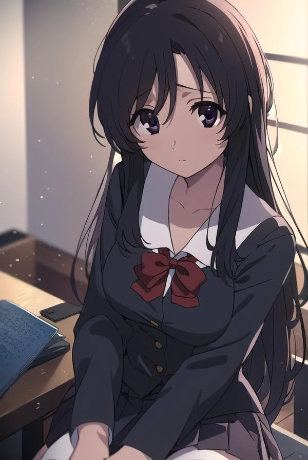 kotonohakatsura, <lyco:kotonohaAL-Lycoristest:1>,
kotonoha katsura, (black eyes:1.5), black hair, long hair, (medium breast:1.2),
BREAK black thighhighs, bow, red bow, school uniform, skirt, thighhighs, zettai ryouiki,
BREAK looking at viewer,
BREAK indoors, classroom,
BREAK <lora:GoodHands-vanilla:1>, (masterpiece:1.2), best quality, high resolution, unity 8k wallpaper, (illustration:0.8), (beautiful detailed eyes:1.6), extremely detailed face, perfect lighting, extremely detailed CG, (perfect hands, perfect anatomy),