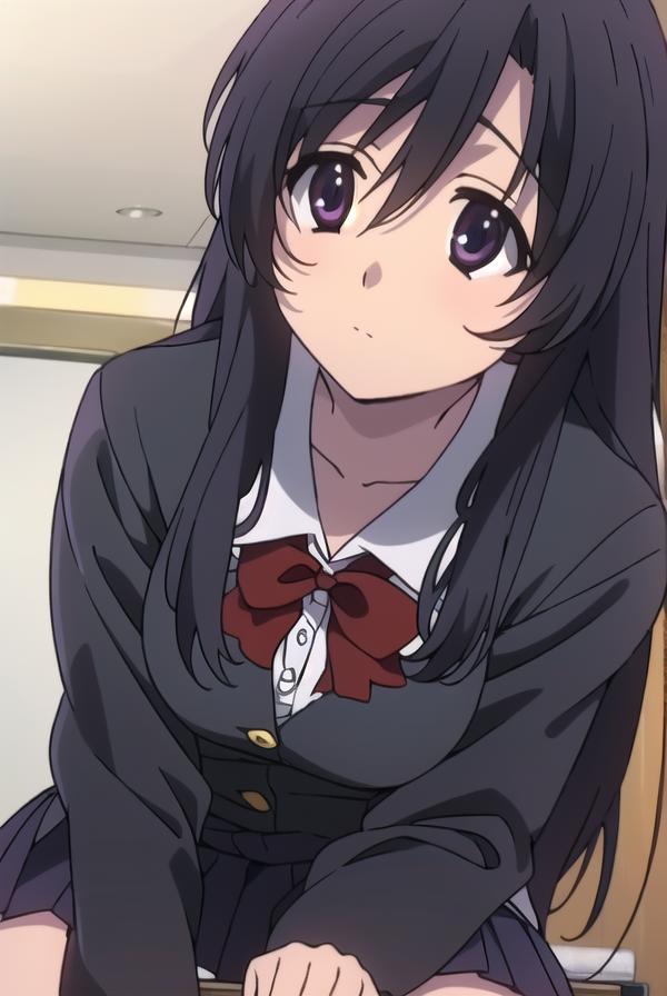 Anime girl with long black hair and a red bow sitting on a chair ...
