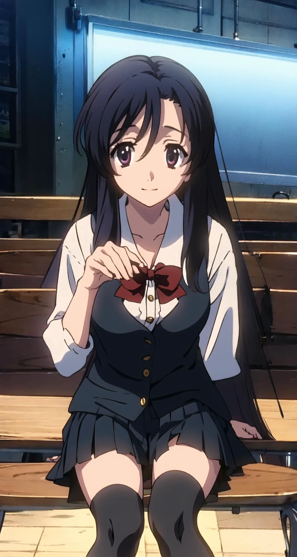 kotonohakatsura, <lyco:kotonohaAL-Lycoristest:1>, kotonoha katsura, (black eyes:1.4), black hair, long hair, BREAK black thighhighs, bow, red bow, school uniform, skirt, thighhighs, zettai ryouiki, bloody, holding, saw, smile, night, BREAK looking at viewer, BREAK indoors, classroom, BREAK <lora:GoodHands-vanilla:1>, (masterpiece:1.2), best quality, high resolution, unity 8k wallpaper, (illustration:0.8), (beautiful detailed eyes:1.6), extremely detailed face, perfect lighting, extremely detailed CG, (perfect hands, perfect anatomy),
